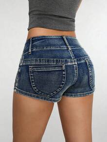 SHEIN PETITE Damen Y2K Sommer Lässig Modisch Street Chic Alltag Pendeln Tiefbund Jeans Shorts, Petite Frauen - Helle Waschung - Übersicht 2