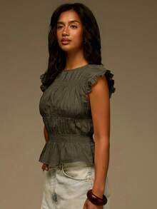 Athîral Women's Solid Color Pleated Casual Versatile Daily Outing Top - Army Green - View 5