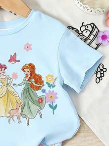SHEIN Elladie kids 一套女童休闲甜美可爱蓝色短袖套装，梦幻公主印花T恤搭配可爱蝴蝶、小鹿、花朵图案短裤，适合夏季外出、度假、上学和节日穿着。 - 彩色 - 查看 6