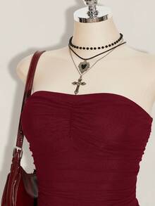 SHEIN ICON Vestido de malla plisado sin tirantes de unicolor para mujer talla grande - Burdeos - Ver 5