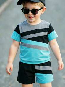 Boys Creative Fashion Grey Black Blue Patchwork Striped Pattern Print Basic Short T-Shirt And Shorts Set, Summer Daily Wear - Multicolor - View 3