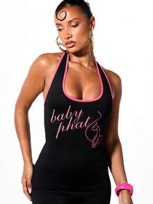BABYPHAT Logo Script Print Halter Neck Backless Capri Jumpsuit Bodycon Fit Y2K Style - Brown - View 5