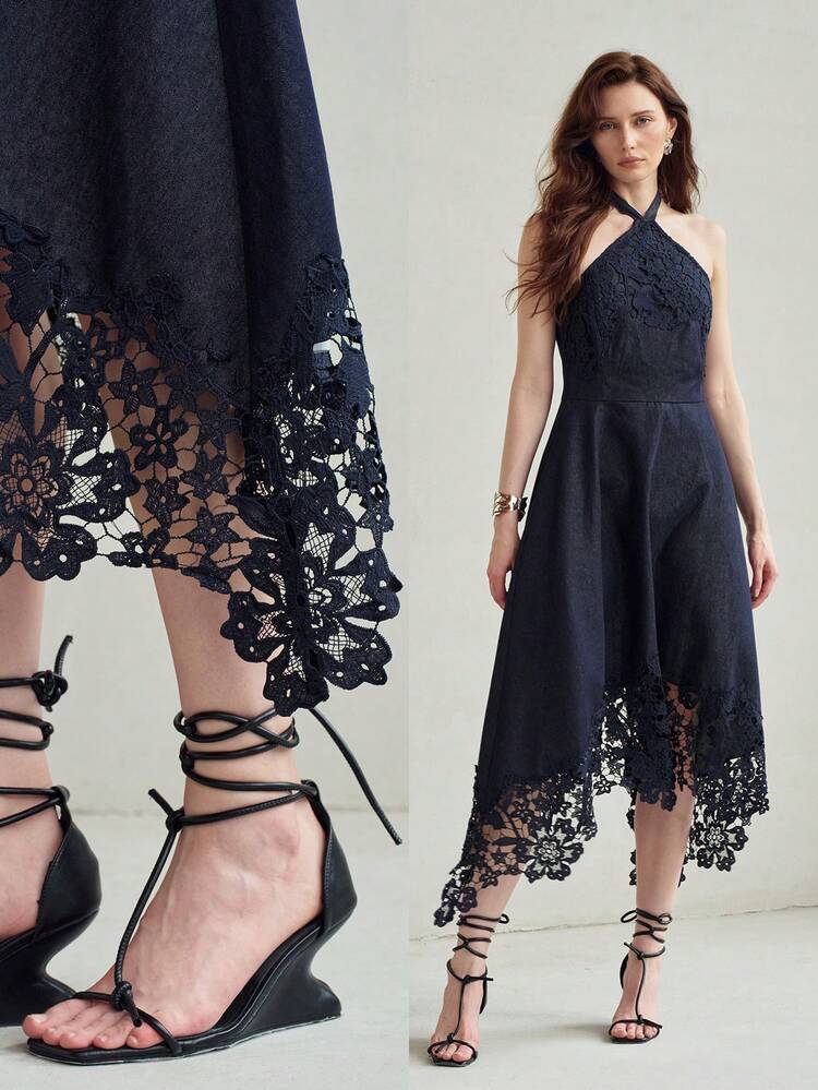 WOMEN'S CONTRAST LACE HALTER NECK DENIM DRESS