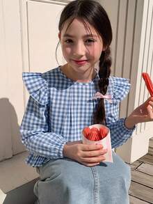 Dazy Kids 女童秋季圓領梭織格紋長袖襯衫 - 藍色 - 查看 4