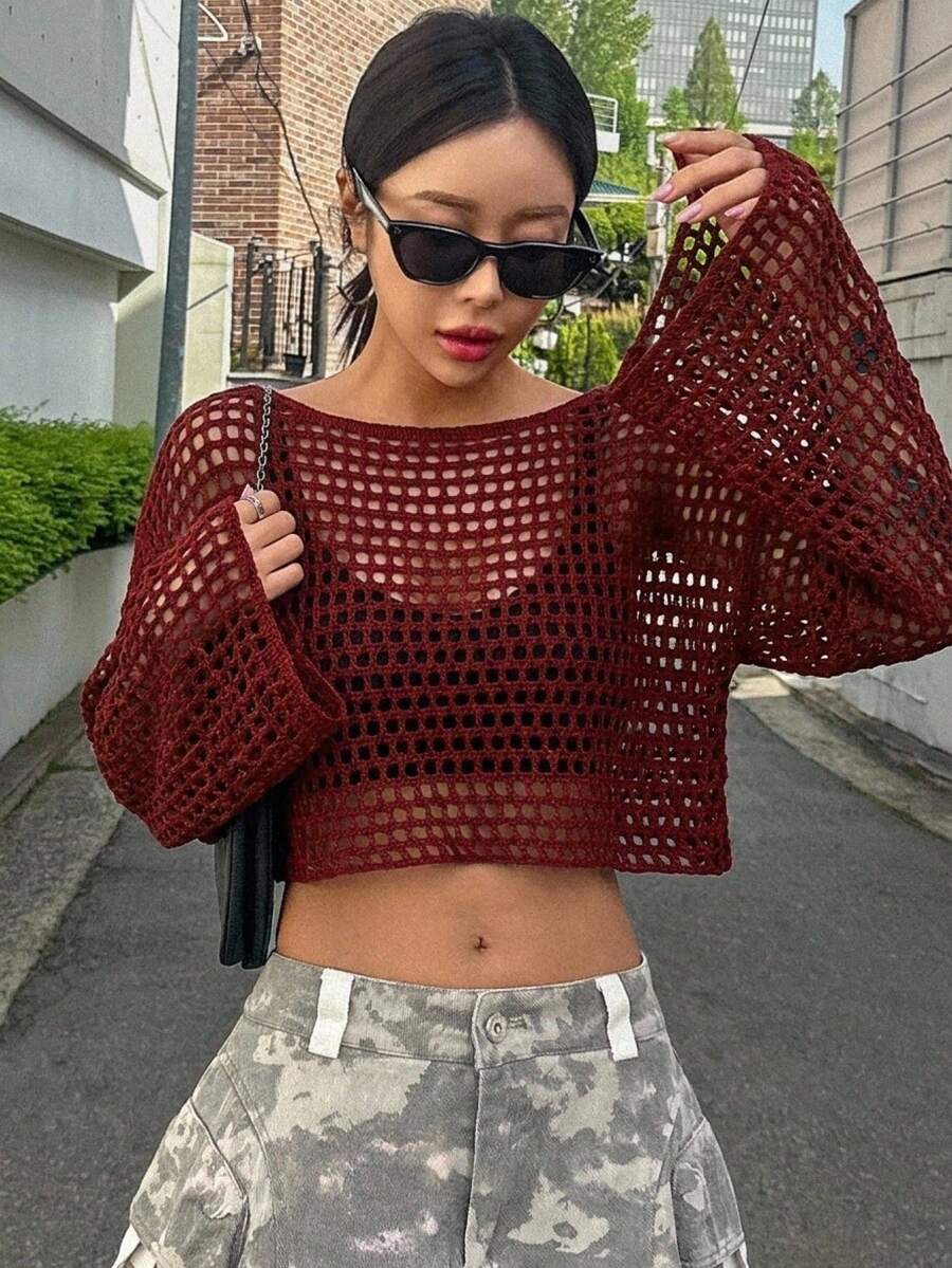 DAZY 女款大圓領長袖鏤空罩衫毛衣 - 酒紅色 - 查看 1