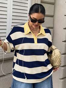 Dazy Plus 對比色拼接寬鬆條紋女款大尺碼休閒夏季中袖POLO領T恤 - 黃色 - 查看 6