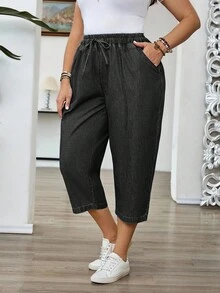 SHEIN EMERY ROSE CURVE Celana Capri Denim Kasual Wanita Ukuran Besar dengan Tali Serut di Pinggang dan Kantong - Light Wash - View 3