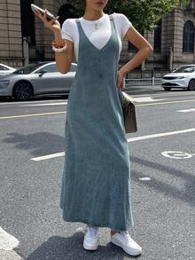 Dazy Tall Women's Deep V-Neck Spaghetti Strap Long Denim Dress, Tall Women - Medium Wash - View 6