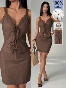 SHEIN PETITE 2026 Women's Spring/Summer Resort Collection: New Casual, Minimalist, Street-Style, Vintage-Inspired Brown Lace-Panel Cami Top And Skirt Set. Perfect For Home, Outings, The Beach, Fashion-Forward Looks, Casual Wear, Commuting, Vacations, Formal Occasions ,Petite Women - Brown - View 4