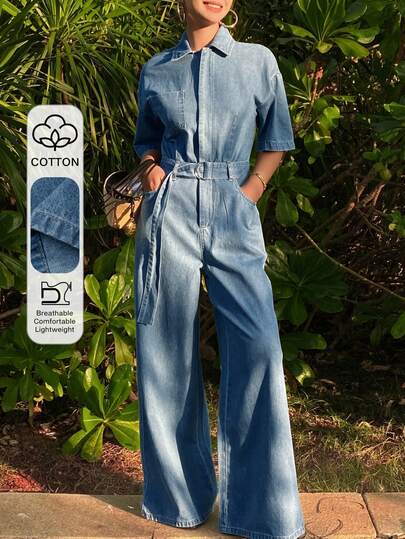DAZY Bộ jumpsuit denim nữ tay ngắn cổ ve lật, eo thon, ống rộng, dáng suông, phong cách thường ngày.