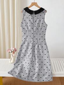 Teen Girl Bow Print Colorblock Fashion Dress, Suitable For Campus Daily, , Parties, Afternoon Tea And Other Light Luxury Occasions - Grey - View 2