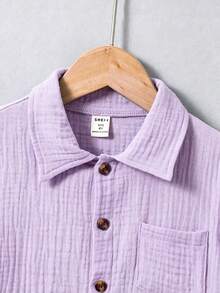 Souflis Souflis 2pcs Young Boy Casual Simple Preppy Cotton Regular Shoulder Short Sleeve Shirt And Shorts Set, Suitable For Daily Wear, Summer, Cotton Linen Birthday - Purple - View 7