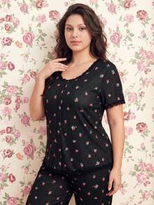 Elorette CottageSlumber Romantic Floral Lace Trim Soft & Breathable Printed Loungewear Set, Plus Size - Multicolor - View 10