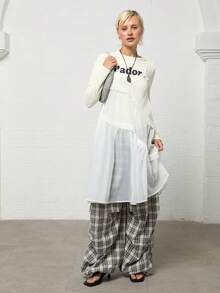 COUREZ Semi-Transparent Mid-Length Ruffle Strap Loose Dress/Y2K Autumn Women's Casual Set Autumn Loose Dress Outing Set Holiday Set Autumn Dress - Pearl White - View 2