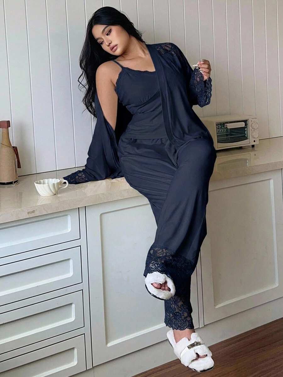 Dazy Plus Fashionable 3-Piece Home Wear Set, Slim Fit Camisole, Contrast Lace Cardigan, Pants, Elegant Plus Size Women's Pajama Set - Navy Blue - View 1