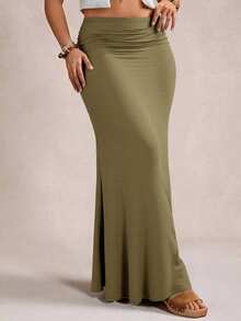 Freevana Plus Size Elegant Romantic Vintage A-Line Maxi Knit Skirt, Suitable For Parties And Gatherings, Autumn/Winter - Army Green - View 3
