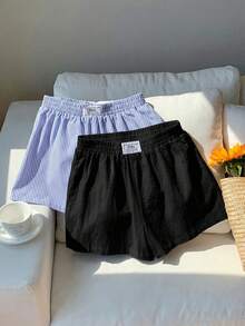 Comfortcana 2pcs/Set Celana Pendek Longgar Kasual Musim Panas Wanita, Set Lilitan Tali Serut Hitam dan Pita Linen, Cocok untuk Liburan Pantai, Sangat Pendek - MultiWarna - View 7