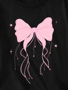 Spring Summer Autumn Tween Girls Fashion Creative Pink Ribbon Bow Design Five-Pointed Star Pattern Print Casual Style Basic Black Short T-Shirt Comfortable Daily Wear - Black - View 6