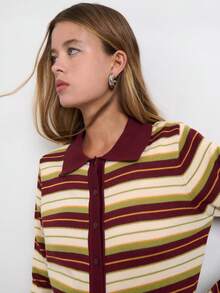 Nöista 女款條紋長袖單排扣休閒針織開襟外套 - 摩卡棕 - 查看 2