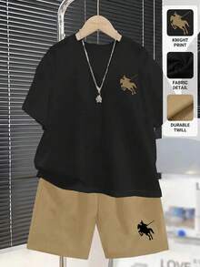 SHEIN 2pcs Tween Boys Casual Round Neck Short Sleeve T-Shirt And Shorts Set, Summer - Khaki - View 3