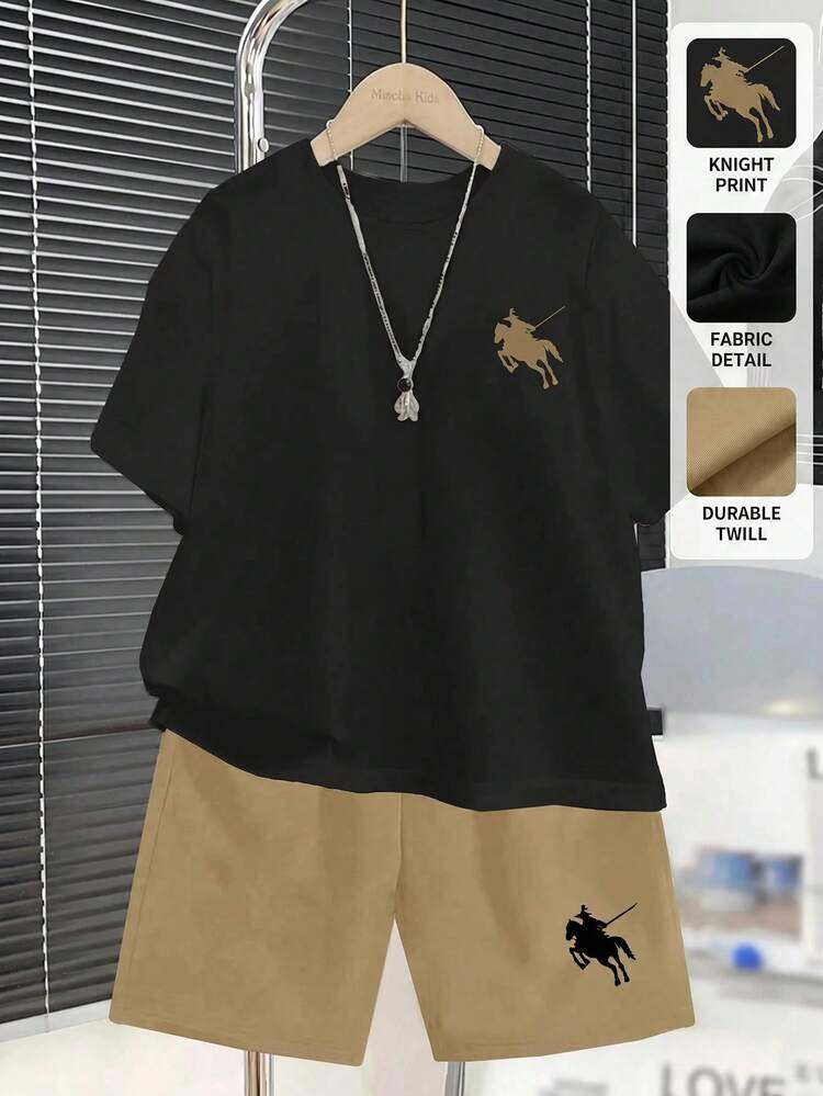 SHEIN 2 件装青少年男孩休闲圆领短袖 T 恤和短裤套装，夏季 - 卡其色 - 查看 3
