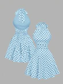 Skyraze Women's Polka Dots Backless Twist Ruched Halter Mini Dress - Blue - View 2