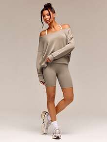 GLOWMODE Modal Soft Oversized Off-Shoulder Sweatshirt Daily Casual  Spring Summer - Khaki - View 7