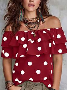 Elenzga Plus Size Women's Classic Polka Dot Print Layered Ruffle Off Shoulder Blouse - Red - View 6