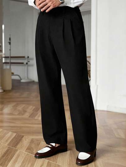Core Aspect Men's High Waist Double Pleat Design Flared Suit Pants, Draping Wrinkle-Resistant Casual Business Trousers, Black Versatile & Elongating
