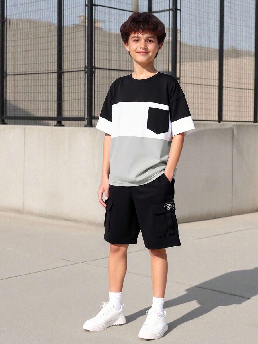 2pcs Boys' Simple Casual Colorblock Knit Crew Neck Pullover T-Shirt And Woven Loose Straight Leg Shorts Set, Fashionable Fit, Comfortable Fabric, Suitable For Spring, Summer And Autumn, Versatile For Multiple Occasions - Multicolor - View 1