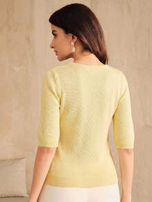 Anewsta Summer Casual Pale Yellow Textured Floral Decor Knit T-Shirt, Versatile Elegant Garden Party - Pale Yellow - View 2