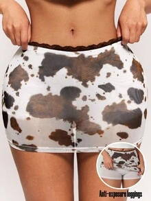 Radiana Women's Autumn New Milk Pattern Print Lace Trim Fitted Mini Skirt, All-Match Versatile, Daily Casual 70's Cowgirl Sexy Outing, Shopping, Party White - Multicolor - View 6