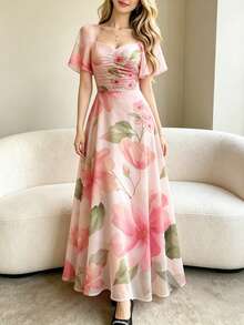 Modelyn 粉色大碎花女款法式風格洋裝，時尚方領百褶荷葉袖設計，夏季收腰長款碎花度假洋裝，適合夏季假期與日常穿著 - 彩色 - 查看 3