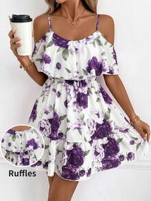 SHEIN Clasi Gaun Cami Wanita Motif Bunga dengan Hem Berkerut untuk Kencan dan Liburan - Purple - View 8
