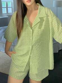 Dazy Plus Plus Size Women Plaid Ruched Texture Loose Top And Shorts Pajama Set, Cute Summer Sleepwear - Mint Green - View 9