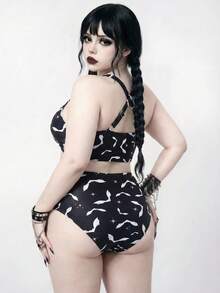 ROMWE Goth 女款大尺碼印花兩件式粗肩帶抓皺三角比基尼套裝，哥德風，度假海灘 - 黑與白 - 查看 2