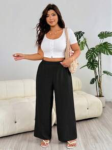 Solflare Women's Plus Size Solid Color Casual Smart Casual Commute Comfortable Wide Leg Pants Vacation Black Summer - Black - View 6
