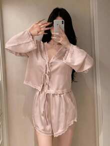 DAZY Romantic Lace Patchwork Satin Lace-Up Top & Ultra Short Pajama Pants 2pcs Set Women's Sleepwear - Baby Pink - View 6