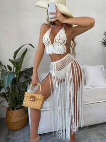 SHEIN Swim 夏季 2 件套手工鉤編白色比基尼罩衫，海灘派對性感波希米亞風 - 白色 - 查看 1