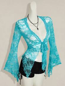 SHEIN ICON Y2k 女款西式鄉村音樂會波希米亞嬉皮哥德風透視酒紅色性感蕾絲扭轉前襟長袖開襟衫 - 藍色 - 查看 6