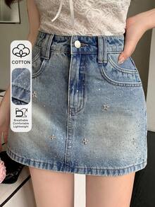DAZY 女士水钻装饰休闲优雅牛仔迷你裙 - 淺色水洗藍 - 查看 1
