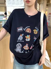 DAZY 女款圓領短袖寬鬆印花休閒T恤 - 寶藍色 - 查看 8