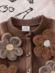 SHEIN Infant/Toddler (Girl) Chocolate Brown Black Ribbed Long Sleeve Cardigan Jacket With Large Flower Decoration, Solid Color Long Pants 2-Piece Set Spring - Brown - View 3