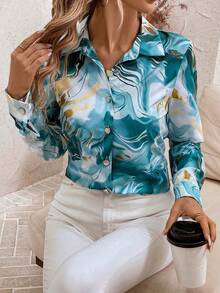 SHEIN Clasi Marble Print Button Front Long Sleeve Shirt,Long Sleeve Tops - Teal Blue - View 4