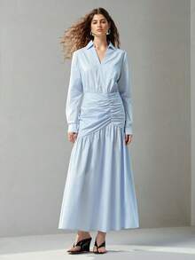 MOTF PREMIUM WOMEN'S SPRING/AUTUMN ASYMMETRIC PLACKET PLEATED WAIST SHIRT DRESS - Blue - View 7