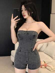 DAZY 闪亮水钻装饰复古水洗蓝露肩抹胸音乐节休闲街头户外性感直筒连体裤，女士春夏款 - 黑色 - 查看 4