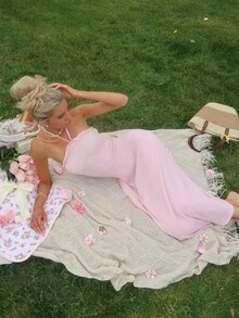 Sydney Algeri Women's Elegant Solid Color Maxi Cami Dress Pink Summer - Pink - View 3