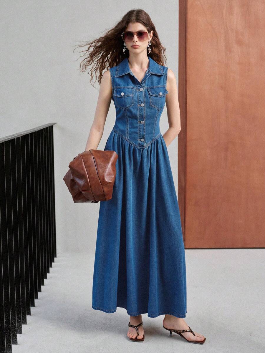 MOTF PREMIUM WOMEN'S DENIM DRESS WITH COLLAR, SLEEVELESS, WAIST-CINCHING, FLARE HEM - Blue - View 2