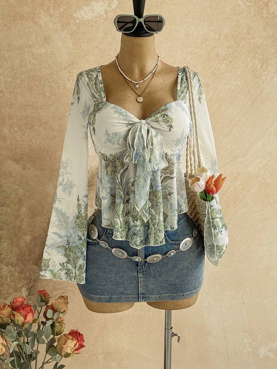 Soleia 女款度假畢業季返校秋季服飾度假套裝娃娃上衣佩斯利花卉復古印花V領長袖襯衫 - 彩色 - 查看 1