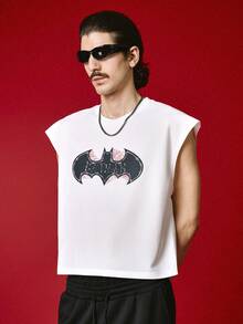 BATMAN X SHEIN STYNVO 男士圓領字母印花休閒百搭日常穿搭上衣，度假風 - 白色 - 查看 4